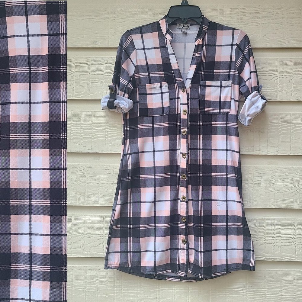J for Justify Women's Long Top Blouse Dress Button Front Roll Tab Sleeves Size S